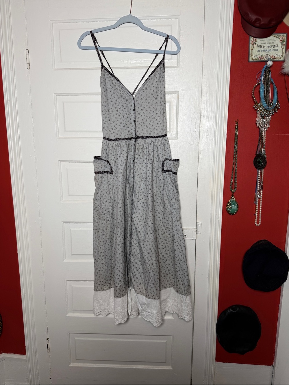 80s Gunne Sax Gray Cotton Spaghetti-Strap halter Sundress with Lace Trim